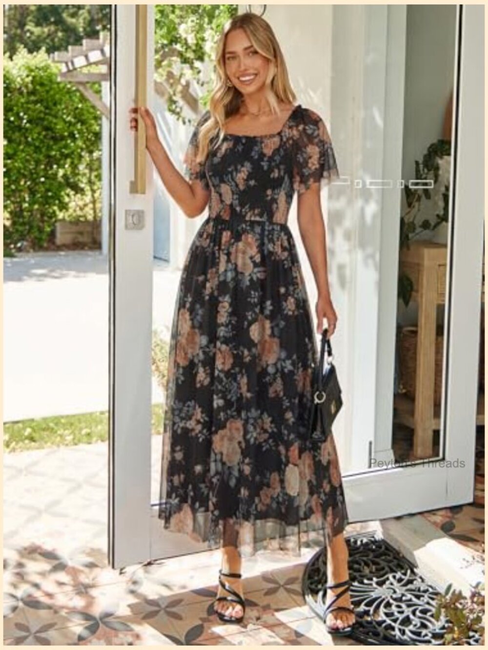 Square Neck Mesh Short Sleeve Smocked Flowy Boho Maxi Dress - Picture 5 of 7